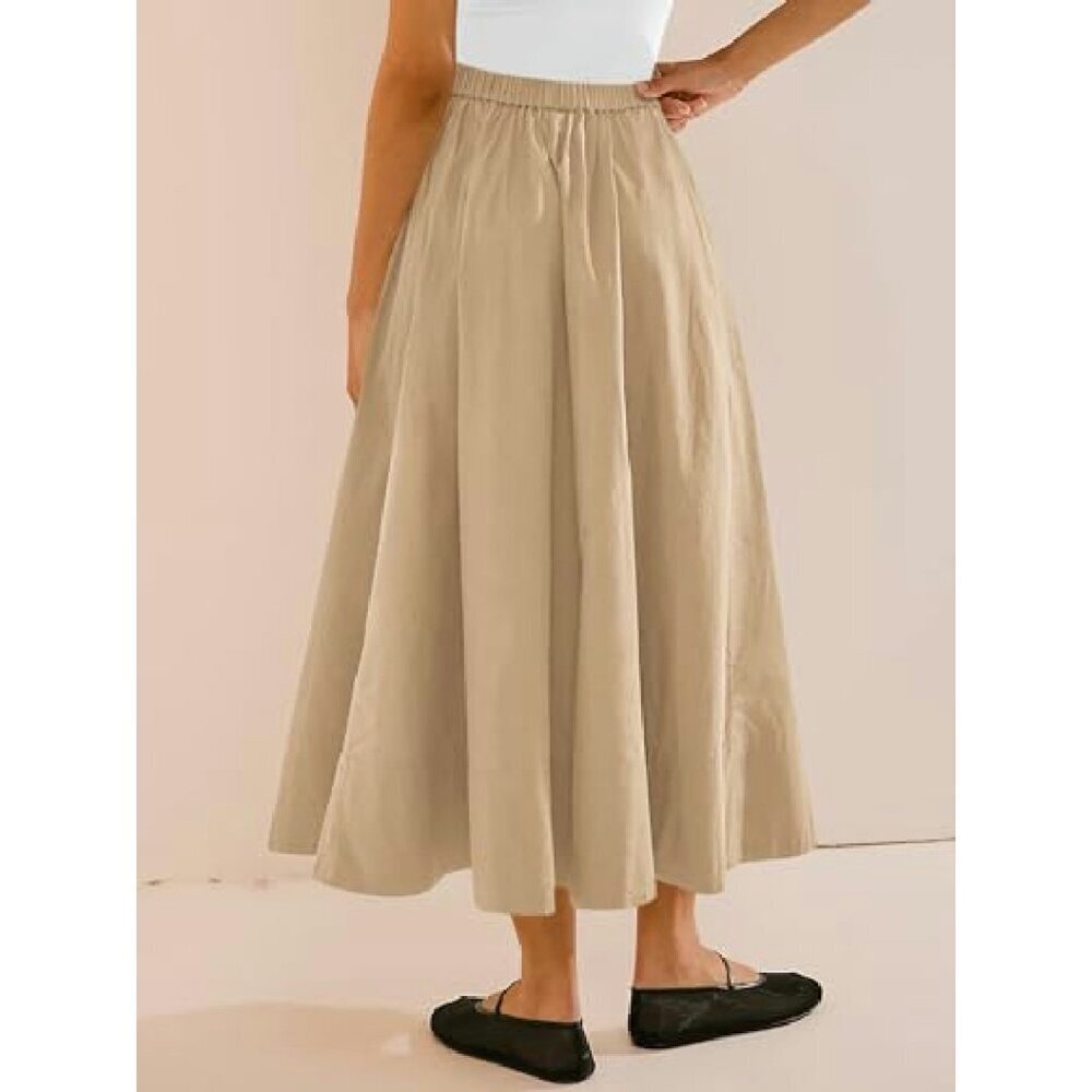 Women's A-Line Midi Skirt with Pocket, Elastic Waist, Flowy Polyester Blend - Picture 3 of 8